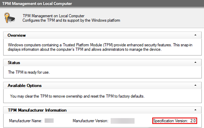 Screenshot of TPM Management on Local Computer window, where the Specification Version is highlighted.