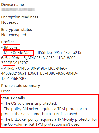 Intune status details showing device is not ready for encryption and not encrypted.