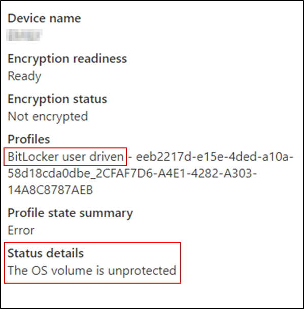 Intune status details showing device is ready for encryption but it is not encrypted.