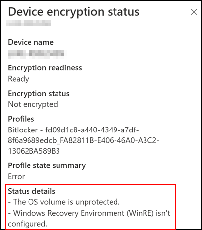 Intune device encryption status details showing device is ready for silent encryption but not yet encrypted.