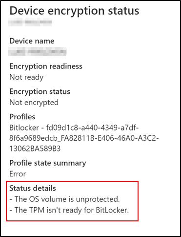 Intune device encryption status details showing TPM isn't ready for BitLocker.