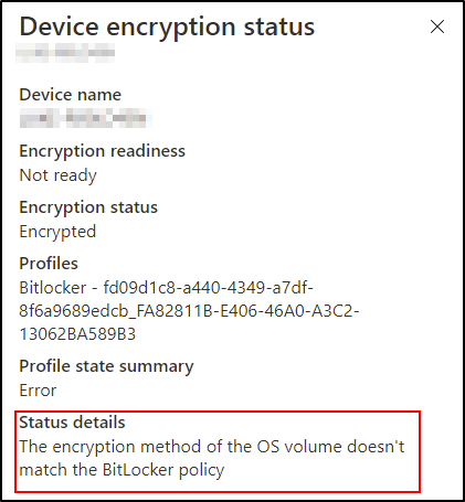 Intune device encryption status details showing that the device is in an error state but encrypted.