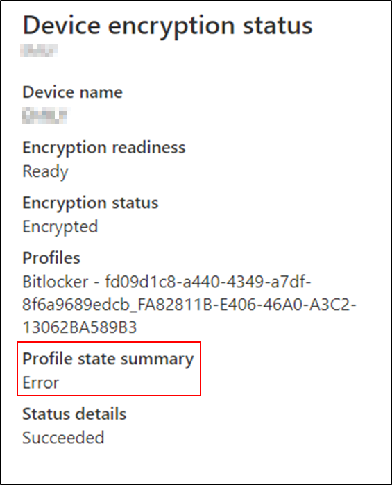 Intune encryption status details showing the profile state summary is in error state.