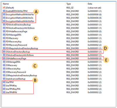 Screenshot of the BitLocker registry keys found in the Registry Editor.