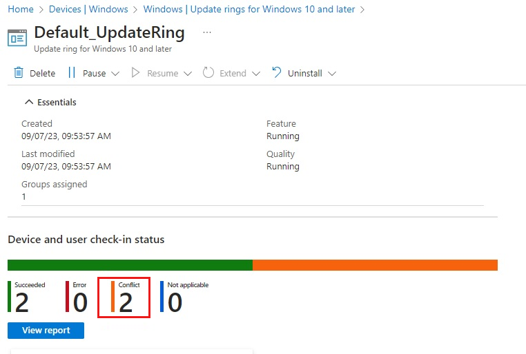 Screenshot of the Device and user check-in status showing two conflicts.