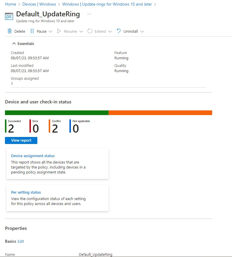 Screenshot of the Update ring overview page in the Intune admin center.