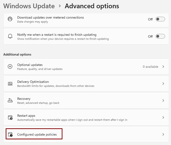 Screenshot of the Advanced options in the Windows Update pane, highlighting the Configured update policies option.