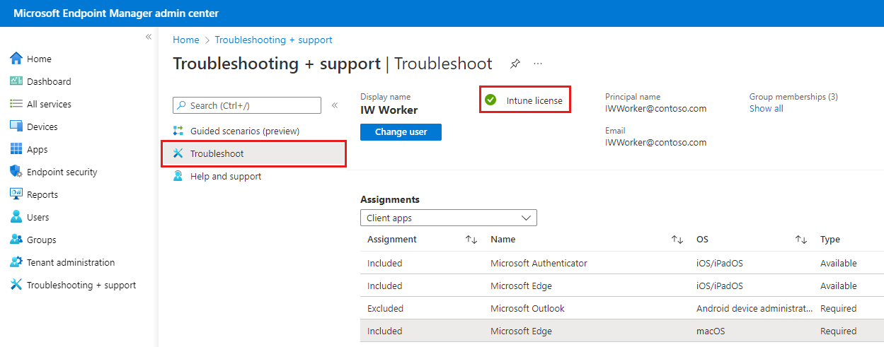 In Intune, select the user and confirm Intune license shows the green check mark for the status.