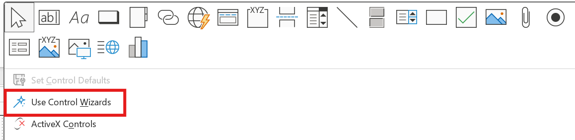 Screenshot of the Controls group in Access.