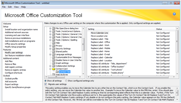 Screenshot that shows these settings in the Office Customization Tool.