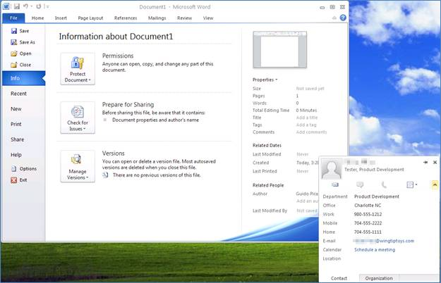 Screenshot for showing a contact card by using Word