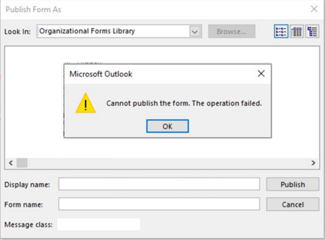 Screenshot of the error when publishing a form via Outlook.