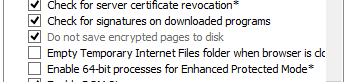 Screenshot of the checkboxes for enabling the group policy options. Do not save encrypted pages to disk option is enabled and in grey.