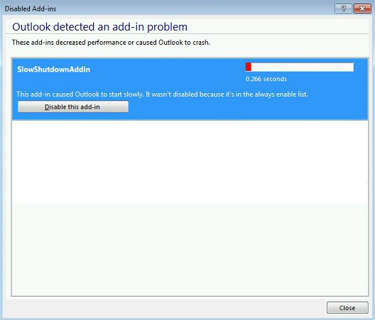 Screenshot of the Disable this add-in option.