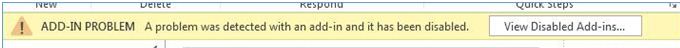 Screenshot of an alert that an add-in was disabled.
