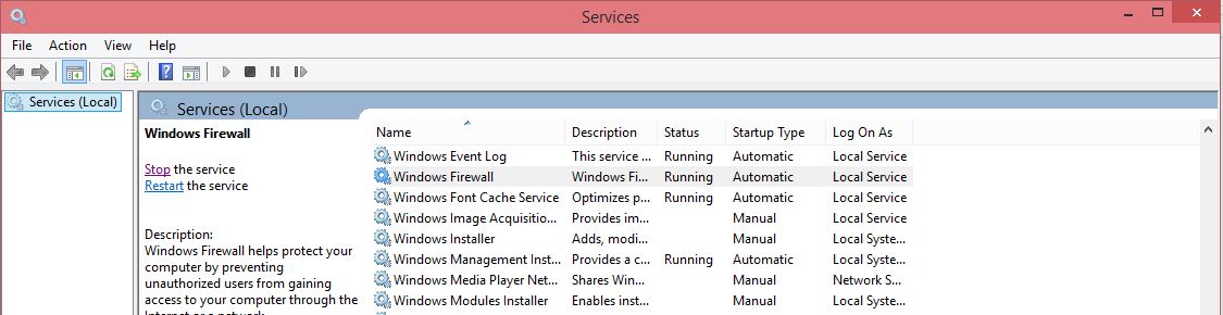Screenshot of the Windows Firewall service.