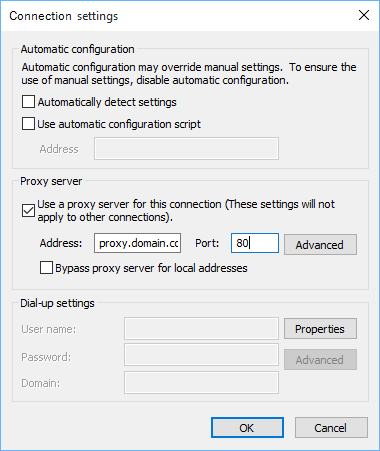 Screenshot of Internet Explorer Proxy Settings.