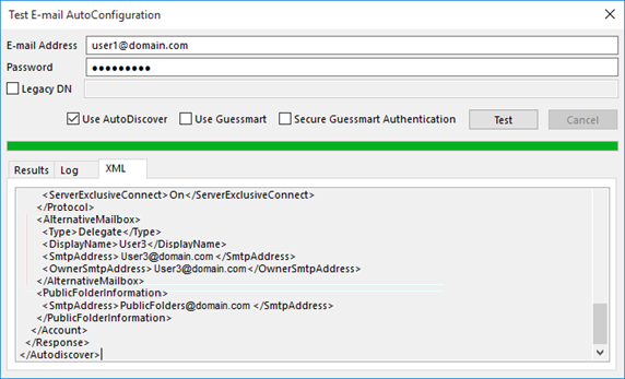 Screenshot showing the Test E-mail Auto-Configuration dialog with an automapped mailbox.