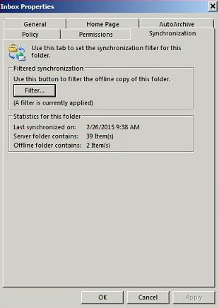 Screenshot of the Synchronization tab in Inbox Properties. In this example, Server folder contains 39 items and Offline folder contains two items.