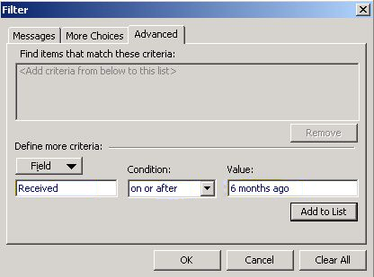 Screenshot for the Advanced tab of the Filter dialog box.