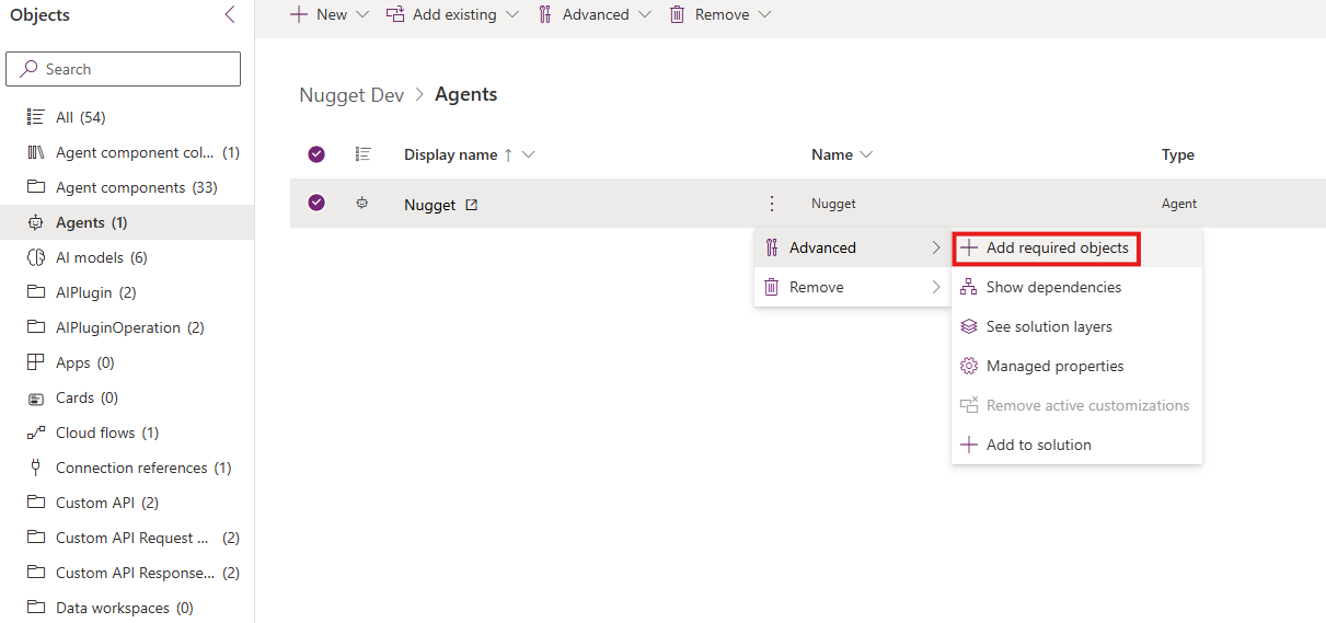 Screenshot of the Power Apps Maker portal that highlights the Add required objects option.