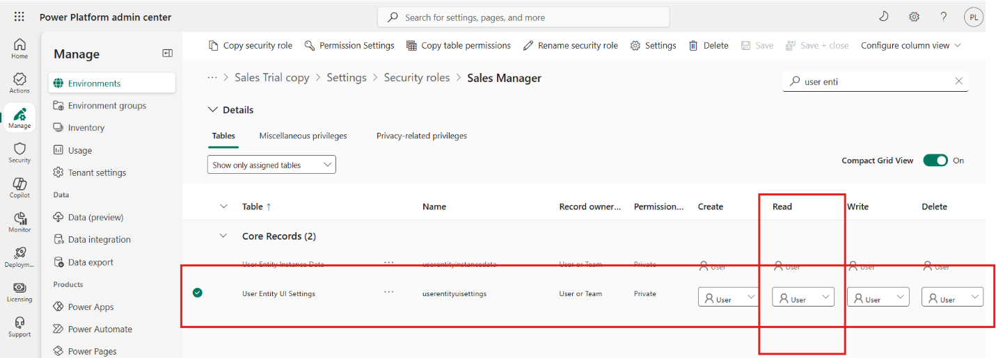 Screenshot of the Power Platform admin center security role settings showing the User Entity UI Settings row under Core Records with the Read permission set to User.
