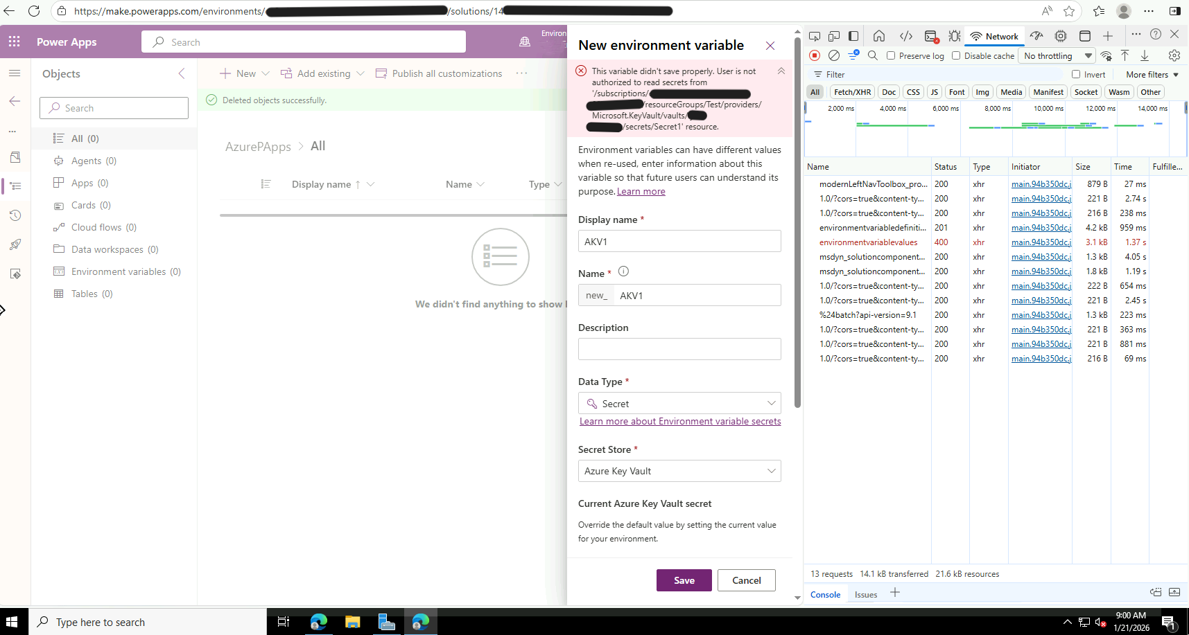Screenshot of the Power Apps New environment variable dialog showing the authorization error banner. The Data Type is set to Secret and Secret Store is set to Azure Key Vault.