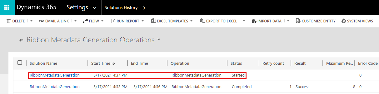 Screenshot shows that a RibbonMetadataGeneration operation with the Started status is added.