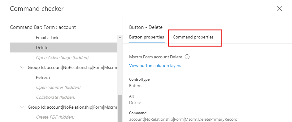 Screenshot of the Command Properties tab of a button.