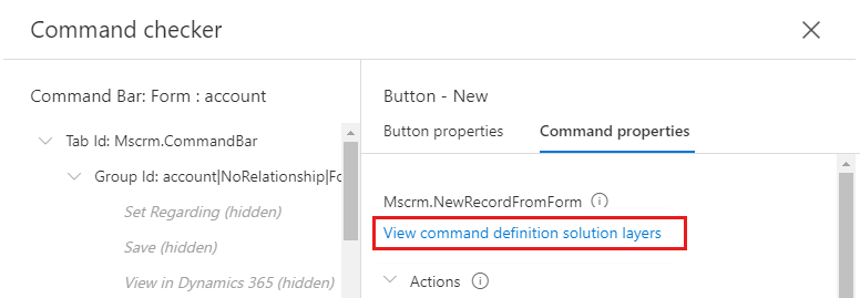 Screenshot of the View command definition solution layers link below the command name.