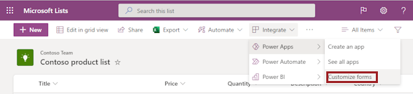 Screenshot that shows the **Power Apps** menu in Microsoft List. The option Customize forms is highlighted.