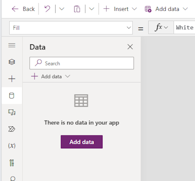 Screenshot that shows the Data panel in Power Apps Studio. The panel is empty if no data sources are used in the app.