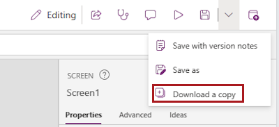Screenshot that shows an expanded sub-menu for the Save menu item in Power Apps Studio. The option Download a copy is highlighted.