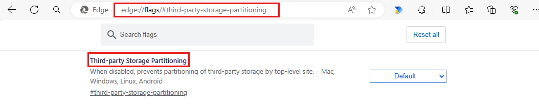 Screenshot that shows the Third-party Storage Partitioning setting in Microsoft Edge.