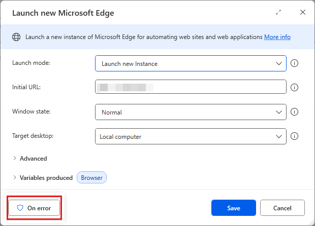 Screenshot of the On error button on the failed action.