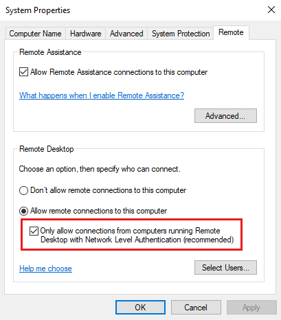 Screenshot to disable Network Level Authentication in the System Properties window.