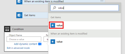 Screenshot shows that a value collection is listed in Get items when adding a condition.