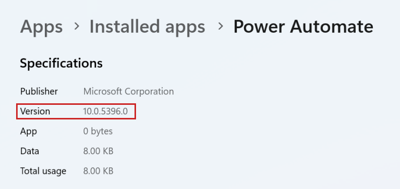 Screenshot of the version value of Power Automate for desktop.