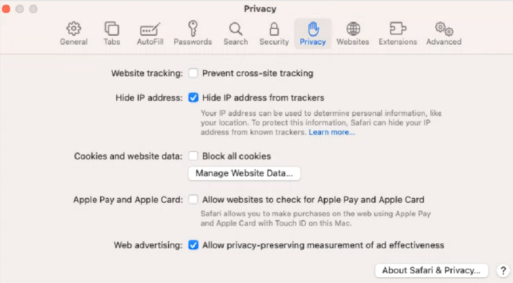 Screenshot that shows the Prevent cross-site tracking option in Safari.