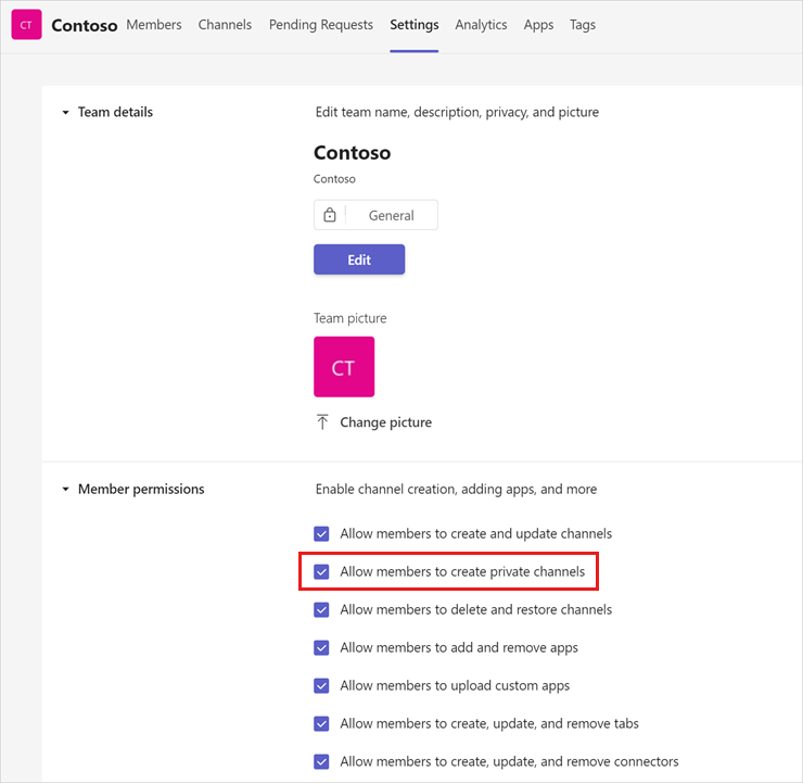 Screenshot that shows how to allow the creation of a private channel from Microsoft Teams.