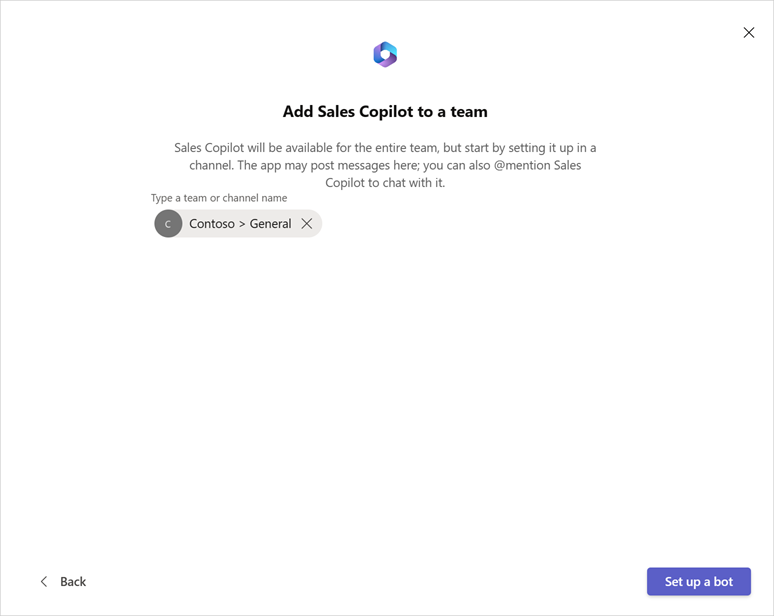 Screenshot that shows the Set up a bot button on the Add Copilot for Sales to a team page to set up a bot.