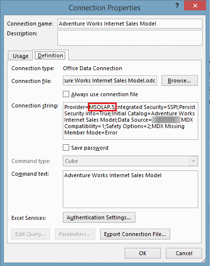 Screenshot of the Definition tab of the Connection Properties dialog box.