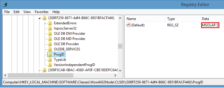 Screenshot of the ProgID registry key in Registry Editor. The Data of the (Default) subkey is configured to MSOLAP.5.