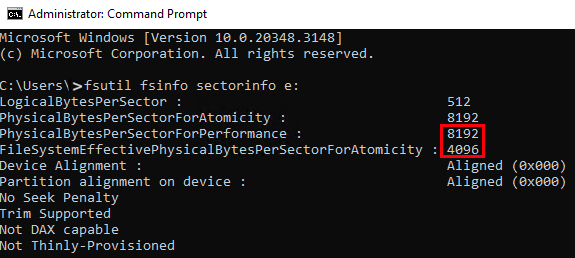 Screenshot of the command prompt output of the 8-KB sector size.