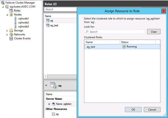 Screenshot of Assign Source to Role dialog box, showing the added new availability group.