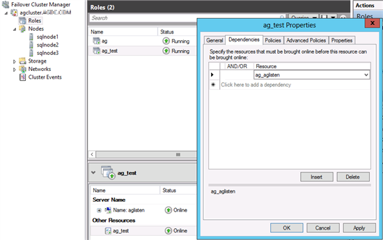 Screenshot of new availability group properties Dependencies tab.