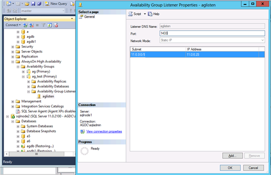 Screenshot of availability group listener properties, showing the configuration of listener.