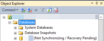 Screenshot of database which is in Not Synchronizing / Recovery Pending state.