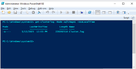 Screenshot that shows PowerShell window with sql19agn1 as the SQL Server name.