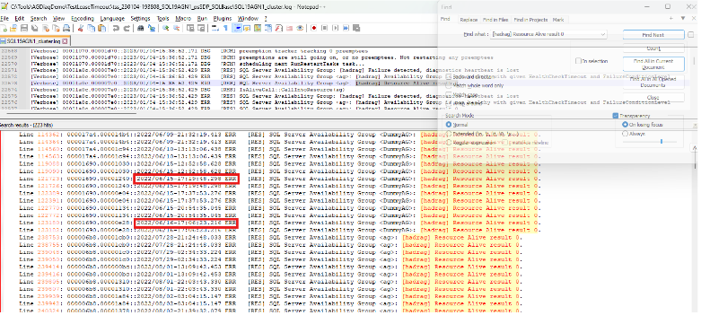 Screenshot that shows tool to locate all the health events in the cluster log.